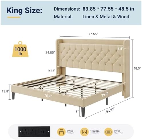 Allewie King Size Bed Frame, Storage Headboard & Charging Station, Beige