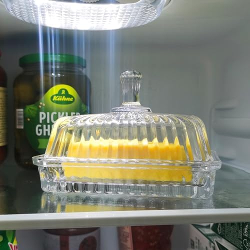 Clear Glass Butter Dish with Lid, Covered Crystal Butter Stick Holder Tray, Glass Butter Storage Container for Fridge Countertop
