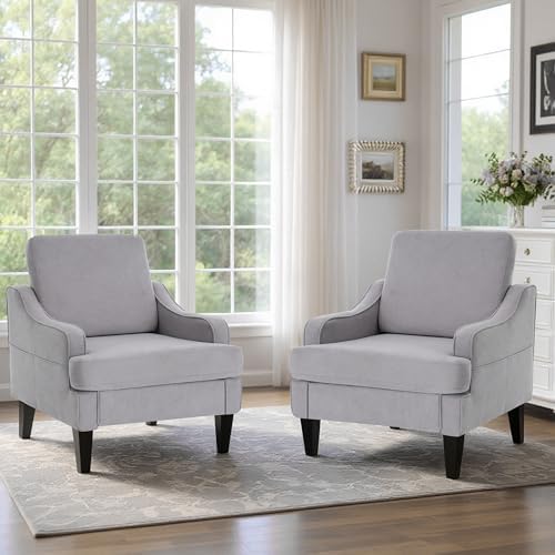 Set of 2 Accent Chair for Living Room,Mid-Century Arm Chair Fabric Living Room Chairs,Upholstered Reading Chair for Bedroom,Single Sofa Chair with Wood Legs for Apartment (Grey)