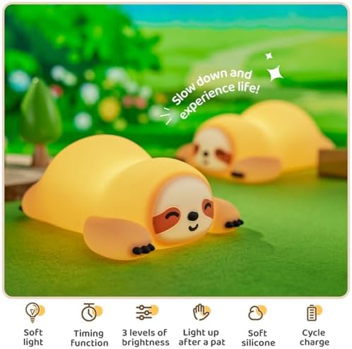Cute Sloth Night Light, Squishy Sloth Novelty Animal Lamp, 3 Level Dimmable Nursery Nightlight with Timer, Food Grade Silicone Touch Night Light Fun Gifts for Kids Boys Girls Baby