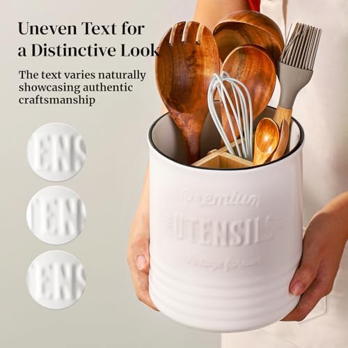 DOWAN 7.2" Large Ceramic Utensil Holder for Kitchen Counter, Beige, Devider