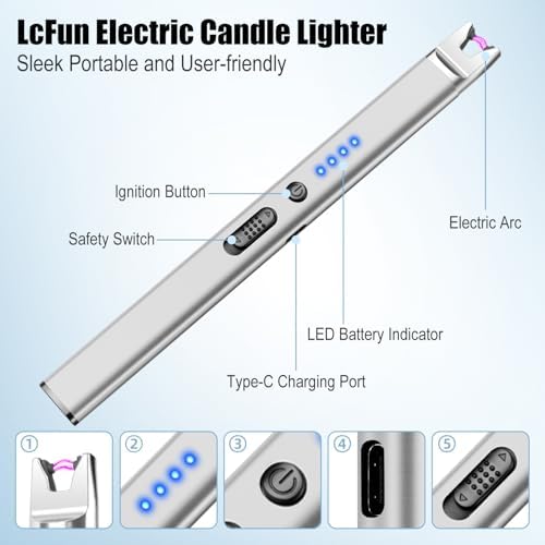 LcFun 3 Pack Candle Lighter Electric USB Rechargeable Plasma Arc Lighter with Safety Lock, Windproof Flameless Long Matches for Candle, Grill, BBQ, Camping, Gas Stoves (Gold,Pink,Silver)