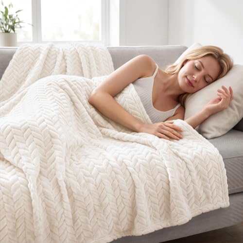 Exclusivo Mezcla Fleece Throw Blanket for Couch Sofa, 50”x70”, Off White