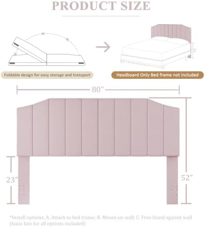 Furpopup Velvet King Size Headboard Only, Wall and Bed Frame Mount, Pink