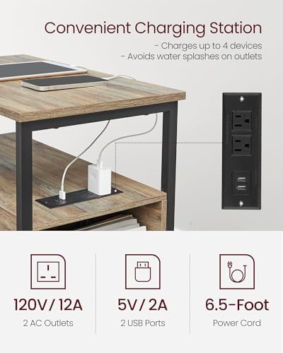 VASAGLE Side End Table with Charging Station, Slim Nightstand with Storage