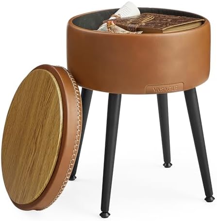 VASAGLE Storage Ottoman, PU Leather Round Seat with Steel Legs