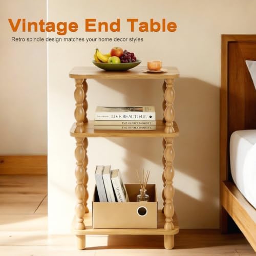 Small Side Table, 3-Tier End Table, Natural Wood