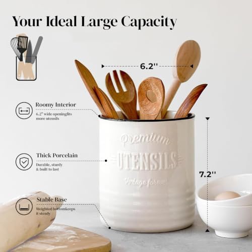 DOWAN 7.2" Large Ceramic Utensil Holder for Kitchen Counter, Beige