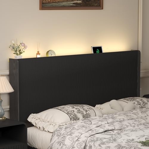 King Size Headboard Only, Wood Head Board with Charging Station & LED Lights, Modern Fluted Wall-Mounted Bed Headboards for Bedroom, Height Adjustable, Black
