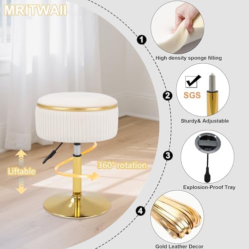 Adjustable Vanity Stool, Velvet Makeup Stool with Storage Beige