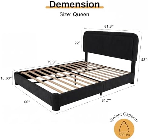 WEUP Queen Size Boucle Bed Frame, Upholstered Cloud Bed Frame with Adjustable Headboard, Soft Rounded Corners, No Box Spring Required, Easy Assembly, Black