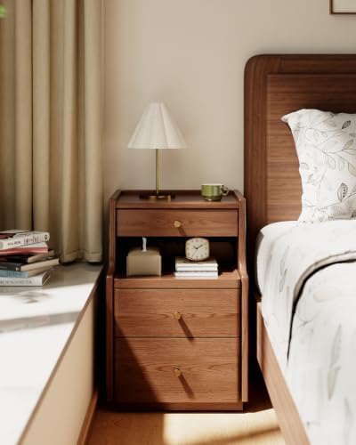 Solid Wood Narrow Nightstand with 3 Drawers,Walnut 15.7",Fully Assembled