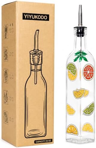 17oz Hand Painted Glass Olive Oil Bottle - 500ml Green Oil & Vinegar Cruet with Pourers - Olive Oil Carafe Decanter for Kitchen (Fruit)