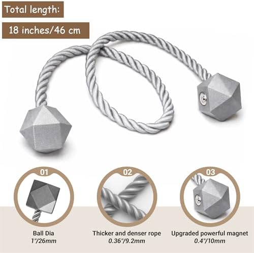 Hion Magnetic Curtain Tiebacks Grey 2pcs, Curtain Tiebacks Buckles Holdbacks Holders Hooks Clip for Home Bedroom Office Decorative Curtain