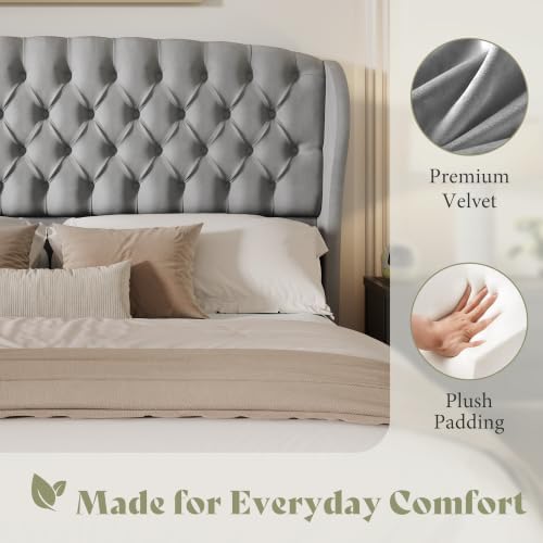 AMERLIFE Full/Queen Headboard Only, Velvet Curved Wingback, Grey