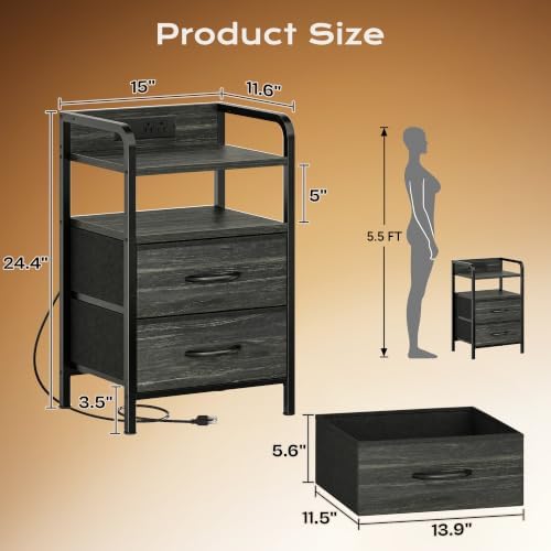 Huuger Nightstands Set of 2, Night Stand with LED Lights, Charging Station