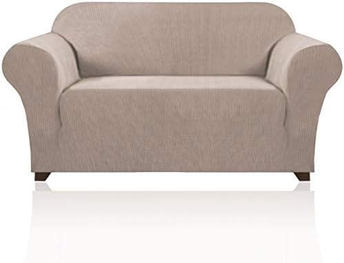 PrinceDeco Stretch Loveseat Sofa Cover Slipcover Couch Cover for 2 Cushion Sofa Washable Sofa Cover for Pets Friendly Furniture Protector Covers with Non Slip Bottom(Loveseat, Sand)