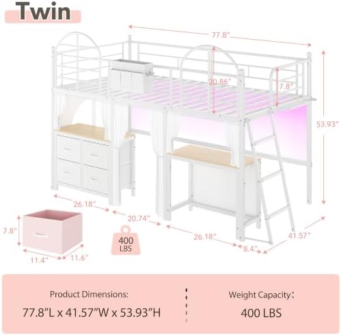 Twin Low Loft Bed with Desk & 4 Storage Drawers, Smart LED Lights, White