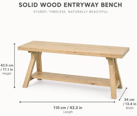 Solid Wood Entryway Bench 43'' Farmhouse with Bottom Storage Shelf