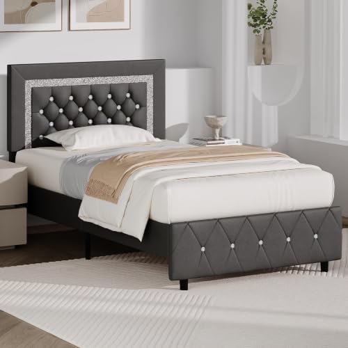 BarnFurin Twin Bed Frame with Diamond Tufted Headboard, Grey
