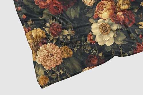 Vintage Floral Blanket, Dark Botanical Flannel Throw 50x60 Inch
