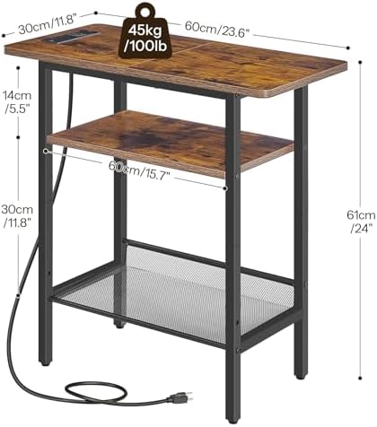 HOOBRO Side Table with Charging Station for Small Spaces, Rustic Brown