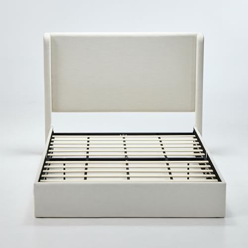 Queen 54" Tall Headboard Carmen Wingback Upholstered Platform Bed Frame Premium Canvas Chenille Elegant Simplicity for Bedroom No Box Spring Needed Easy Assembly No Noise Textured Ivory