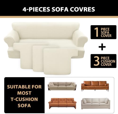 4 Piece T Cushion Sofa Slipcovers Stretch Couch Slip Cover for 3 Cushion Couch Sofa, Machine Washable for Living Room (Light Yellow, 3 Cushions)