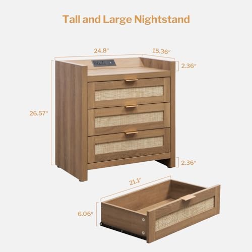 SICOTAS Rattan Night Stand Set of 2 : Bedside Table with 3 Large Drawers