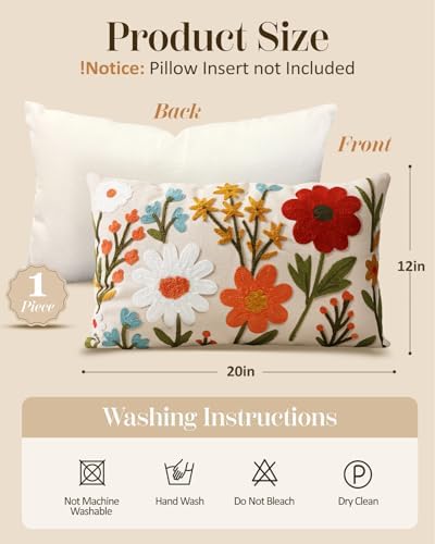 Embroidered Lumbar Pillow Cover 20x12 Inch, Flower Cluster