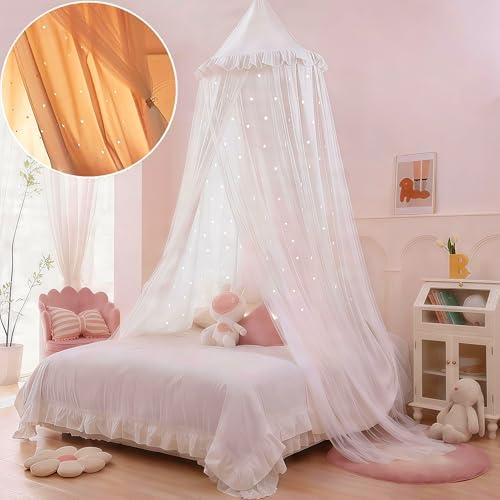Princess Bed Canopy for Girls, Double Layer Canopy Fits Twin/Full Bed - Fairy Bed Tent for Kids Room Decor(with Cutout Stars,White)