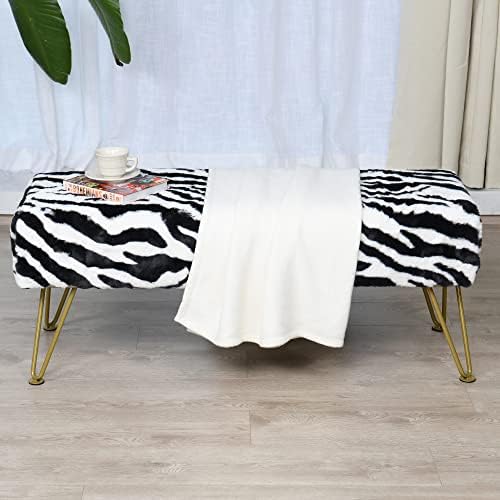 Zebra Print Long Rectangle Faux Fur Ottoman 46"x16"x17" Entryway Bench Soft Furry Footrest Stool Accent Seating Bench Bedroom End of Bed Fuzzy Table for Living Room Closet with Golden Legs