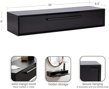 Kate and Laurel McCutcheon Modern Floating Console Table for Entryway; 30 x 9 x 6; Black; Decorative Transitional Floating Entryway Table for Use as Living Room Storage Wall Shelf