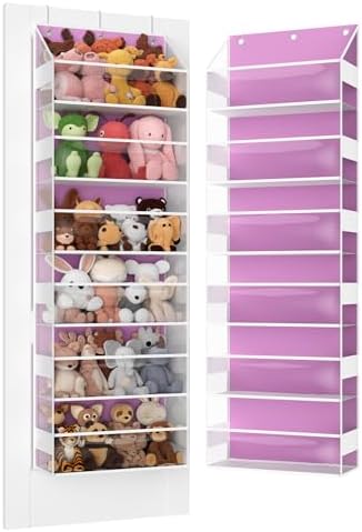 Over the Door Organizes- 6 Tier Stuffed Animal Storage, Bathroom Organizers and Storage, Swing-proof Hanging Organizer for Toys/Nursery Newborn Baby Essential Stuff (Clear-pink)