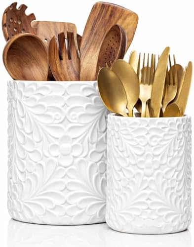 2-Piece Engraved Ceramic Utensil Holder Set for Kitchen, 7.3 & 5.4 Inch