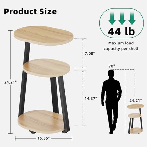 Kalrin Side Table, Small End Table with Metal Frame, 3-Tier Bedside Tables, Round Side Tables for Living Room Bedroom Couch Bathroom, Oval, Modern Oak