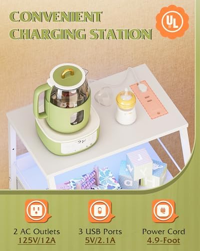WLIVE Night Stand with Charging Station, White LED 5 Drawers Bedside Table
