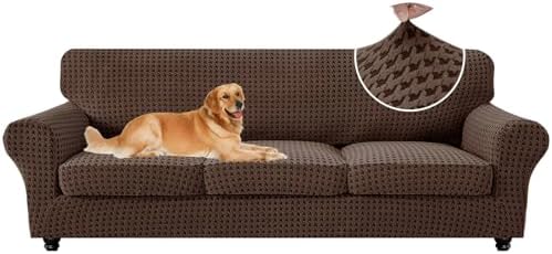 MAXIJIN 4 Pieces Stretch Oversized Couch Covers for 3 Cushion Sofa Covers Washable Sofa Slipcovers Thick Soft Furniture Protector with Non Slip Strap (Brown), 91"-110"(3 XL Cushions)