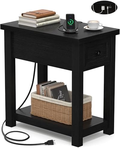 Farmhouse Narrow End Table with Charging Station for Couch, 13.8" Wide