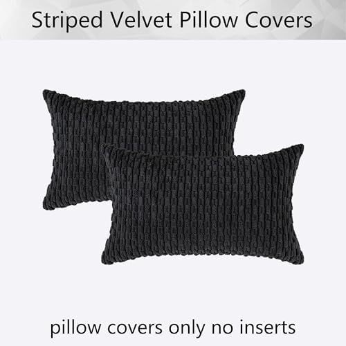 Kevin Textile Soft Corduroy 12"x20" Lumbar Pillow Covers 2 Pack, Black