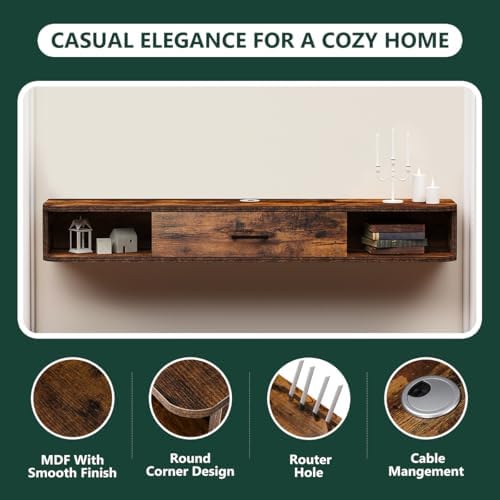 GHC Floating TV Stand, 55'' Wall Mounted TV Cabinet, Floating Shelves with Door, Media Console for DVD Player, Space-Saving Under TV Shelf for Bedroom & Living Room (Rustic Brown)