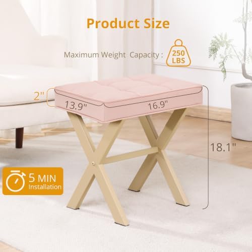 LUE BONA Vanity Stool, Square Linen Makeup Stool with Metal X Legs, Small Ottoman Stool Chair for Vanity, Modern Padded Vanity Seat Foot Rest Stool for Makeup Room, Bathroom, Pink Color