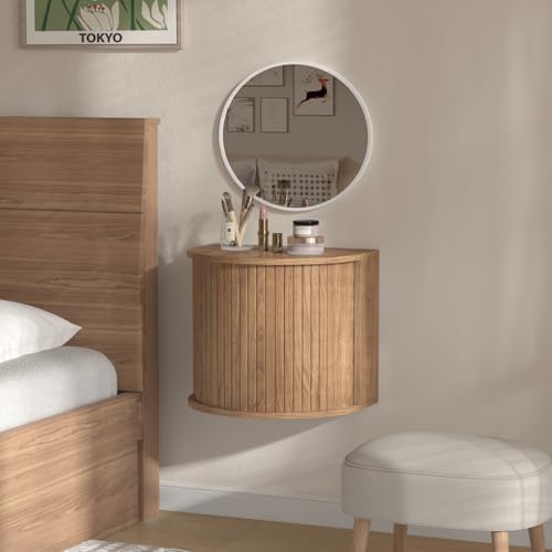 Floating Nightstand Set of 2 with Sliding Roller Shutter Doors,Walnut