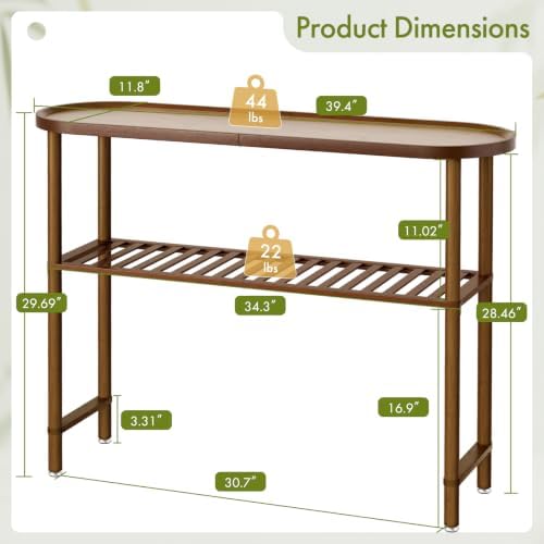 Farmhouse Entryway Table Bamboo 39.4", Narrow Console Table Oval Top, Behind Sofa Table with Anti-fall Edge, TV Stand for Living Room, Indoor Outdoor Plant Stand, 5min Easy Assembly, Dark Walnut