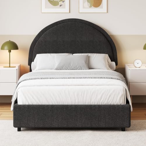 REVOMINCA Twin Size Bed Frame, Boucle Upholstered Platform Bed with Headboard, Cloud Bed Frame with Soft Rounded Corners, No Box Spring Required, Easy Assembly, Dark Grey