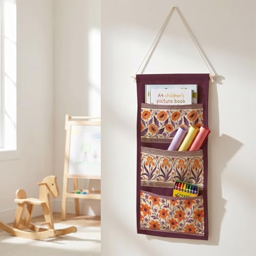 IAXIC Canvas Wall Hanging Organizer with Pockets Fish Extender Hanging Pouch Vintage Floral Door Closet Organizers Fabric Storage Pockets Wall Decoration