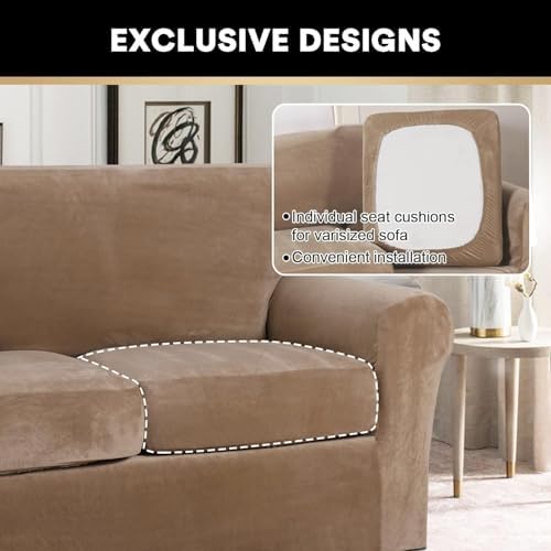PrinceDeco Velvet Couch Covers for Sofa Soft 4 Pieces Couch Covers for 3 Cushion Couch Sofa Pet Friendly Furniture Protector with Non Slip Elastic Bottom Width Up to 97 Inch (Large Sofas, Camel)