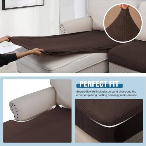H.VERSAILTEX Velvet Stretch Sectional Couch Covers - 3 Piece L Shape Separate Cushion Set for Large 2 Seater + 1 Chaise, Brown Striped