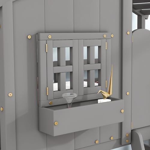 Twin Over Twin House Bunk Bed with Roof and Window, Gray