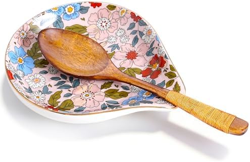Ceramic Spoon Rest for Stove Top, 5 inch Gold Trim Spoon Holder for Kitchen Counter, Farmhouse Cooking Utensil Holder for Spoons, Ladles, Spatula, Vintage Pink Floral